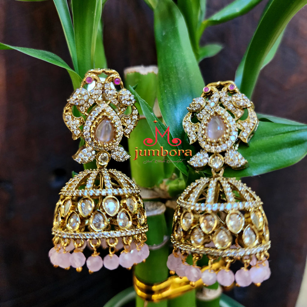 Victorian Baby Pink & White AD Zircon CZ Jhumka