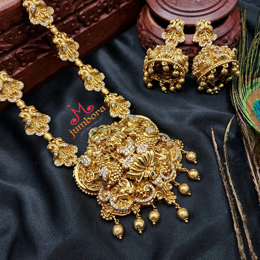 Nakshi 3D CZ (Zircon) AD Peacock Lakshmi Necklace in Temple Jewelry