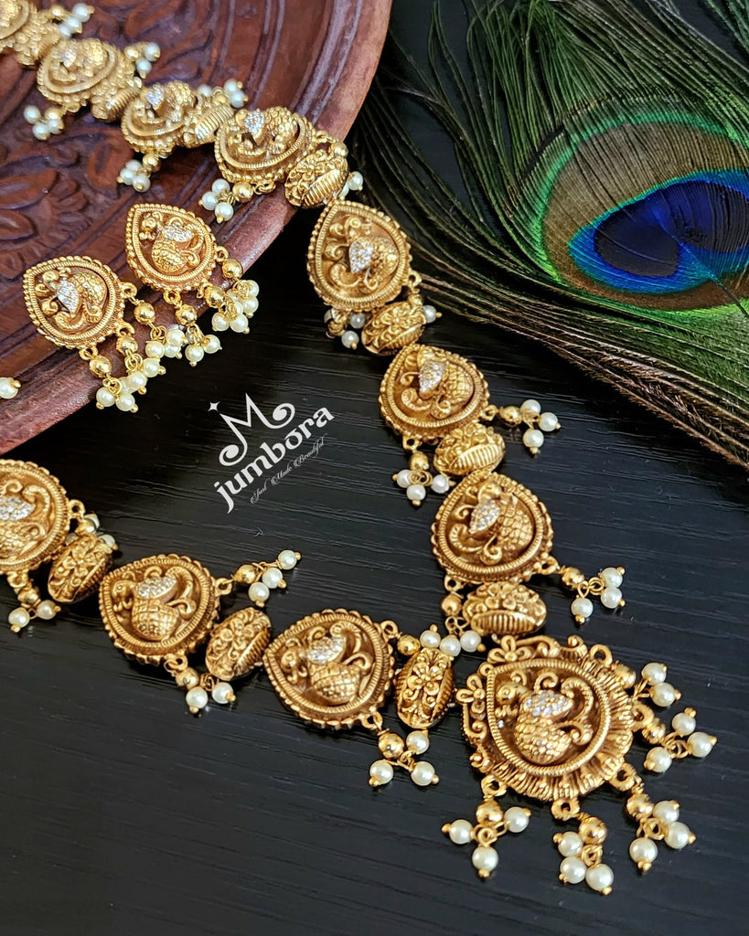 Peacock Nakshi 3D CZ (Zircon) AD Medium Long Necklace in Temple Jewelry