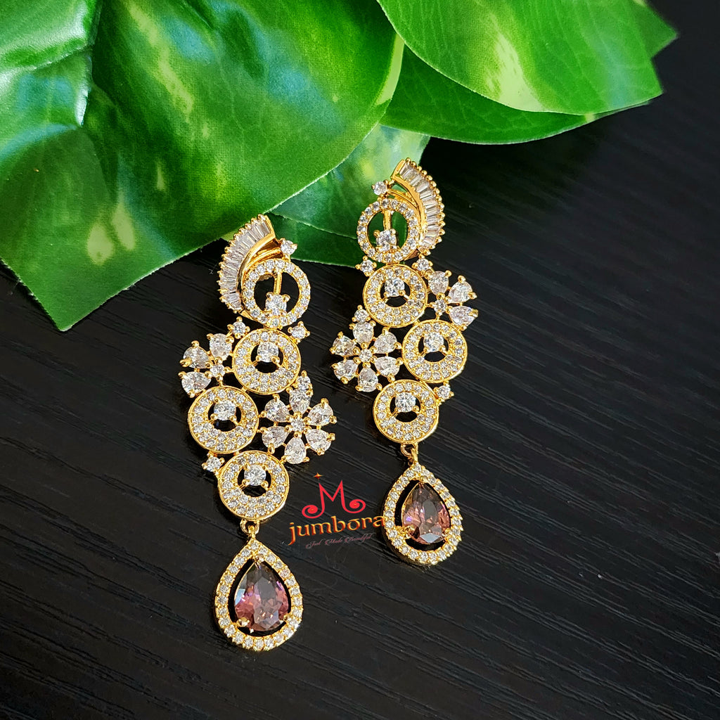 Partywear Designer White & Smoky Mauve color CZ (Zircon) Earrings