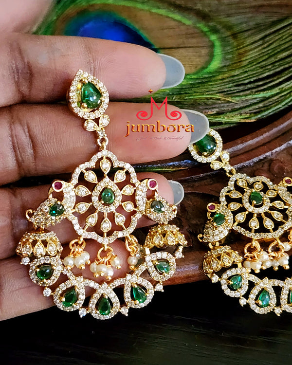 Statement Peacock Green Kemp (Kempu) & White CZ AD Earring