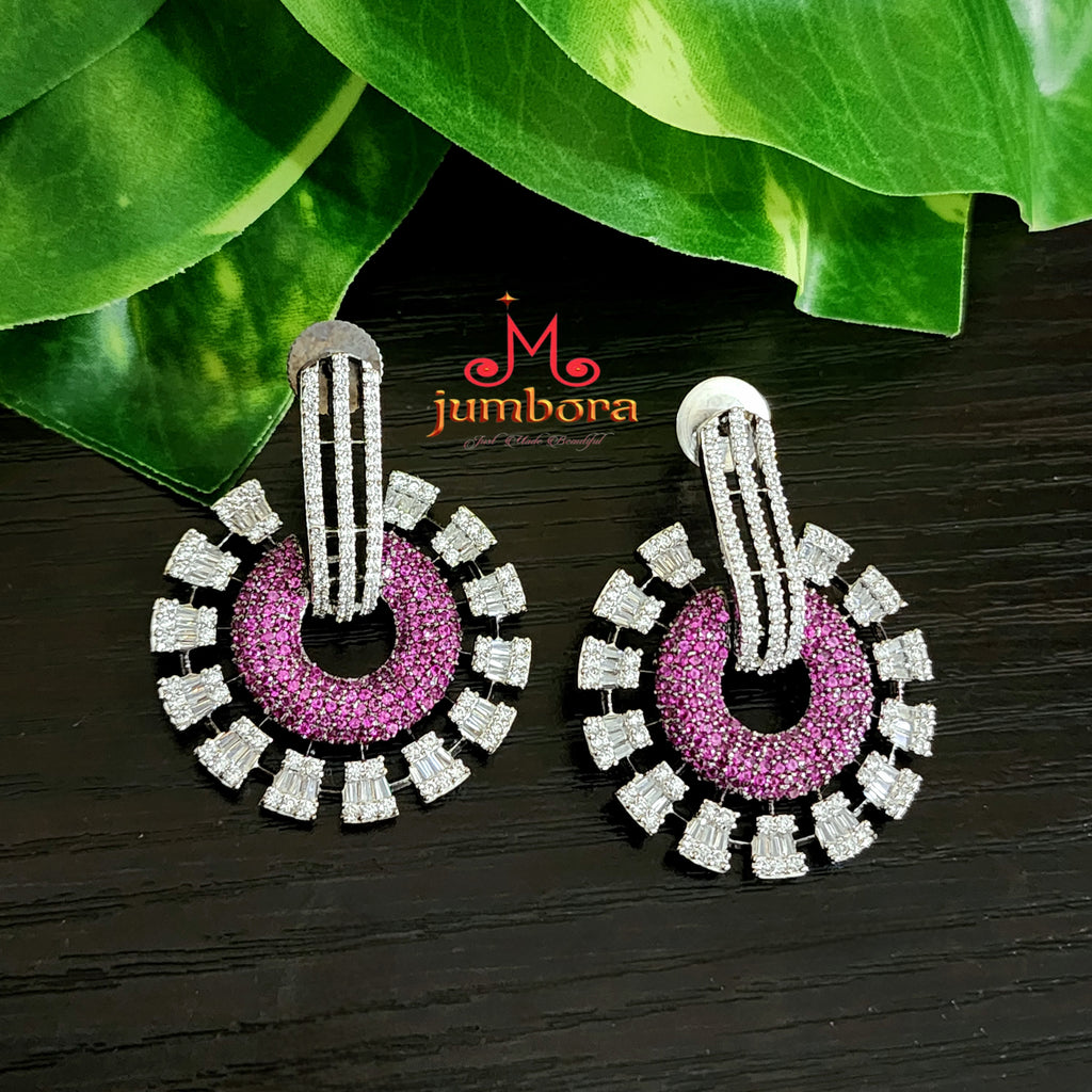 Magenta Pavé & Baguette White CZ Statement Earrings in Rhodium Polish