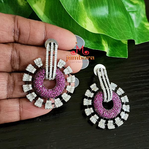 Magenta Pavé & Baguette White CZ Statement Earrings in Rhodium Polish