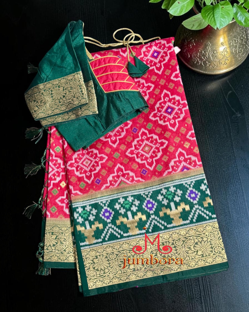 Vibrant Red and Bottle Green Banarasi Patola Semi Silk Saree with Contrast Zari Border