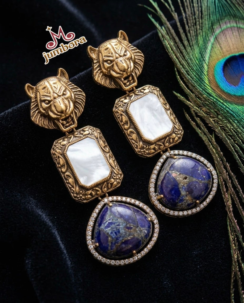 Sabyasachi Inspired Purple and Antique Gold Bengal Tiger Motif Statement Earrings