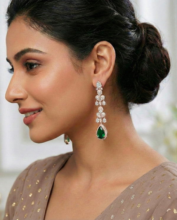 Partywear Rose Gold Statement Earrings with Green & White CZ Stones