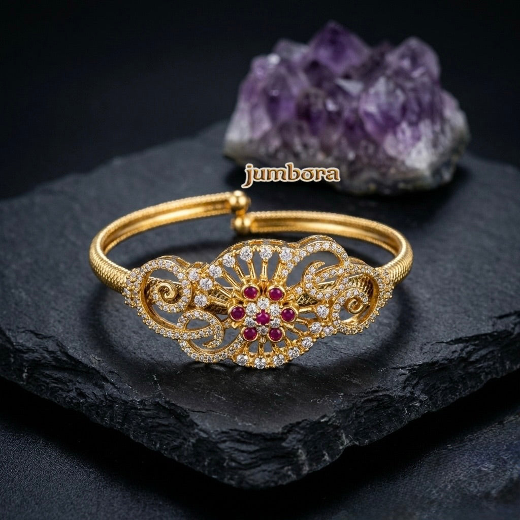 Premium Filigree Openable Bangle with White & Ruby Red CZ stones
