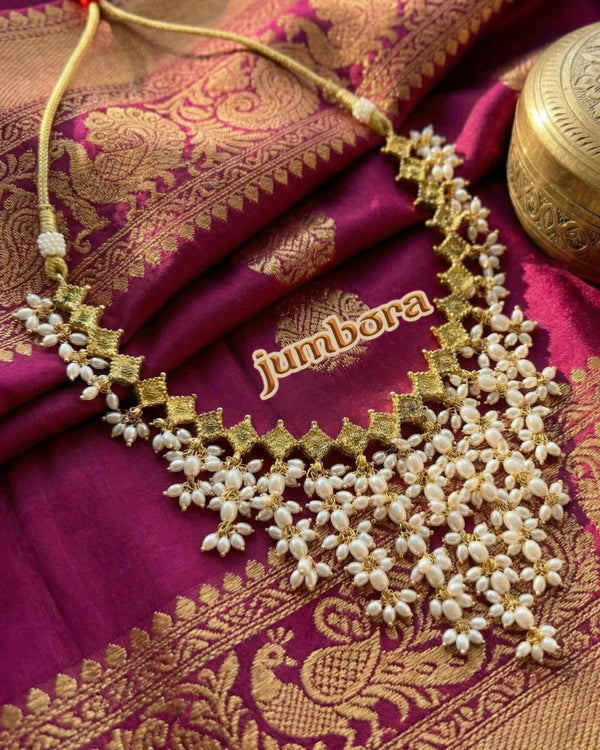 Gold Finish Cascade Rice Pearl Guttapusalu Necklace set