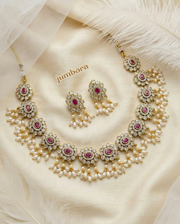 Victorian White and Ruby Red CZ (Zircon) AD Guttapusalu Necklace set