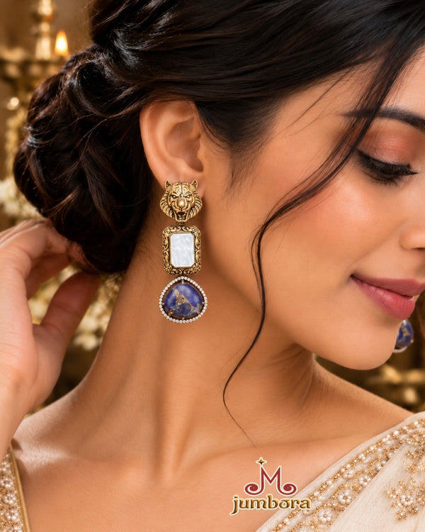 Sabyasachi Inspired Purple and Antique Gold Bengal Tiger Motif Statement Earrings