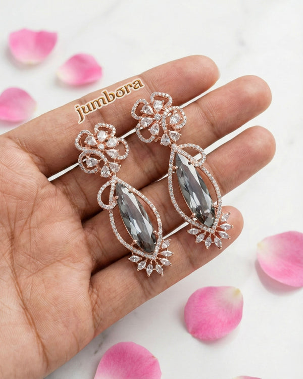 Rose Gold Smoky Grey & White CZ Statement Earrings