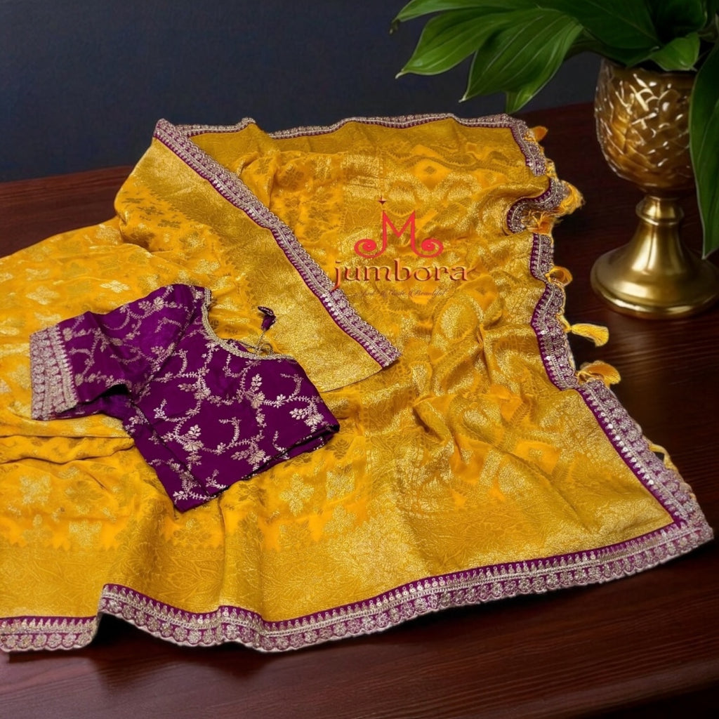 Yellow Banarasi Georgette Saree with Custom Zardosi Lace work and Stitched Blouse