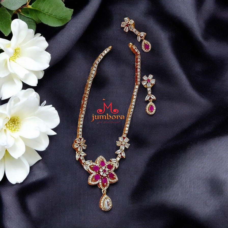 Floral Antique Gold White & Red CZ AD Necklace set