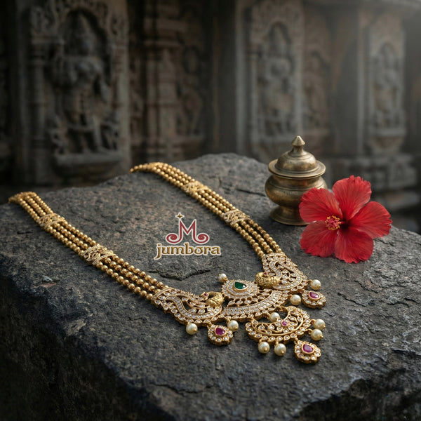 Triple Line Antique Matte Gold Long Peacock Necklace Set