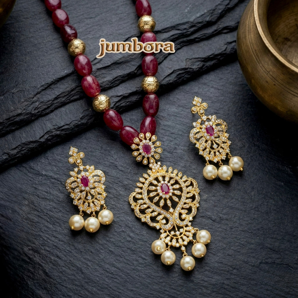 Handmade Ruby Onyx Bead Mala Necklace with CZ Pendant Set