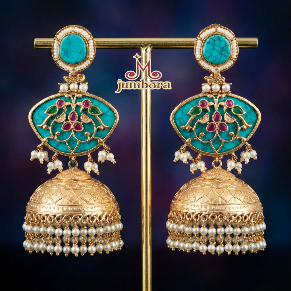 Amrapali Inspired Bird work Gold Filigree Stone Jhumkas