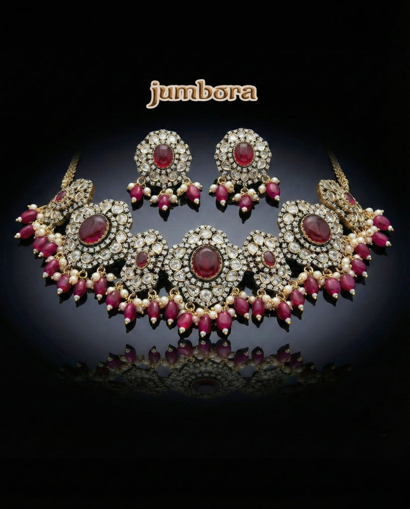 Statement White  & Ruby Red AD Zircon Victorian Necklace