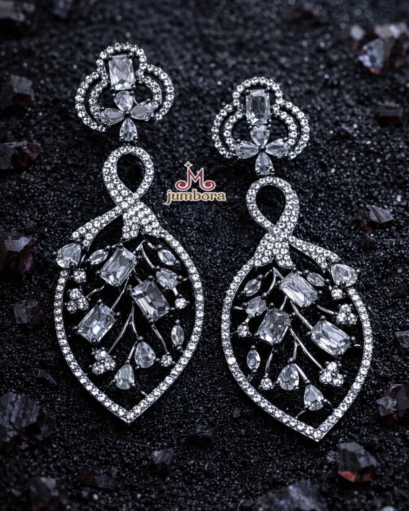 Black Victorian Finish White CZ Leaf Statement Earrings