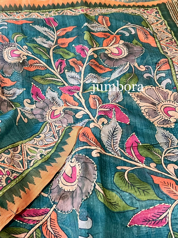 Green Kaantha Work Kalamkari Soft Cottton saree with stitched blouse