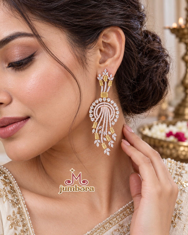 Yellow and White Rose Gold Cascading CZ (Zircon) American Diamond (AD) Statement Earrings