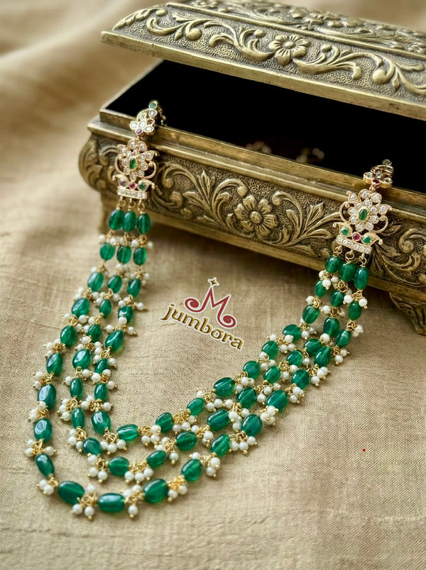 Triple Row Zircon (CZ) Handmade Green Onyx Beads Mala Set