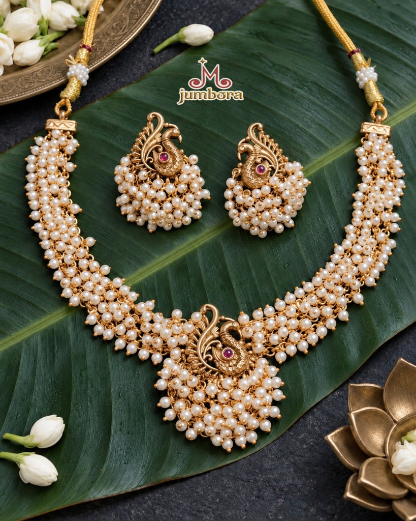 Antique Gold Peacock Motif Cluster Pearl Necklace Set