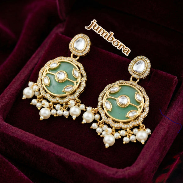 Mint Green & Ruby Kemp Floral Kundan Pendant Earrings Set with Chain