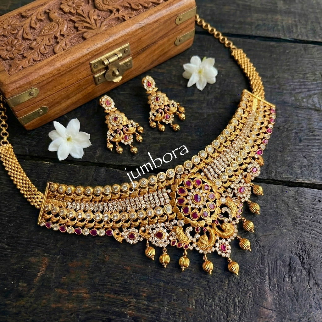 Matte Gold White & Red CZ AD Necklace set