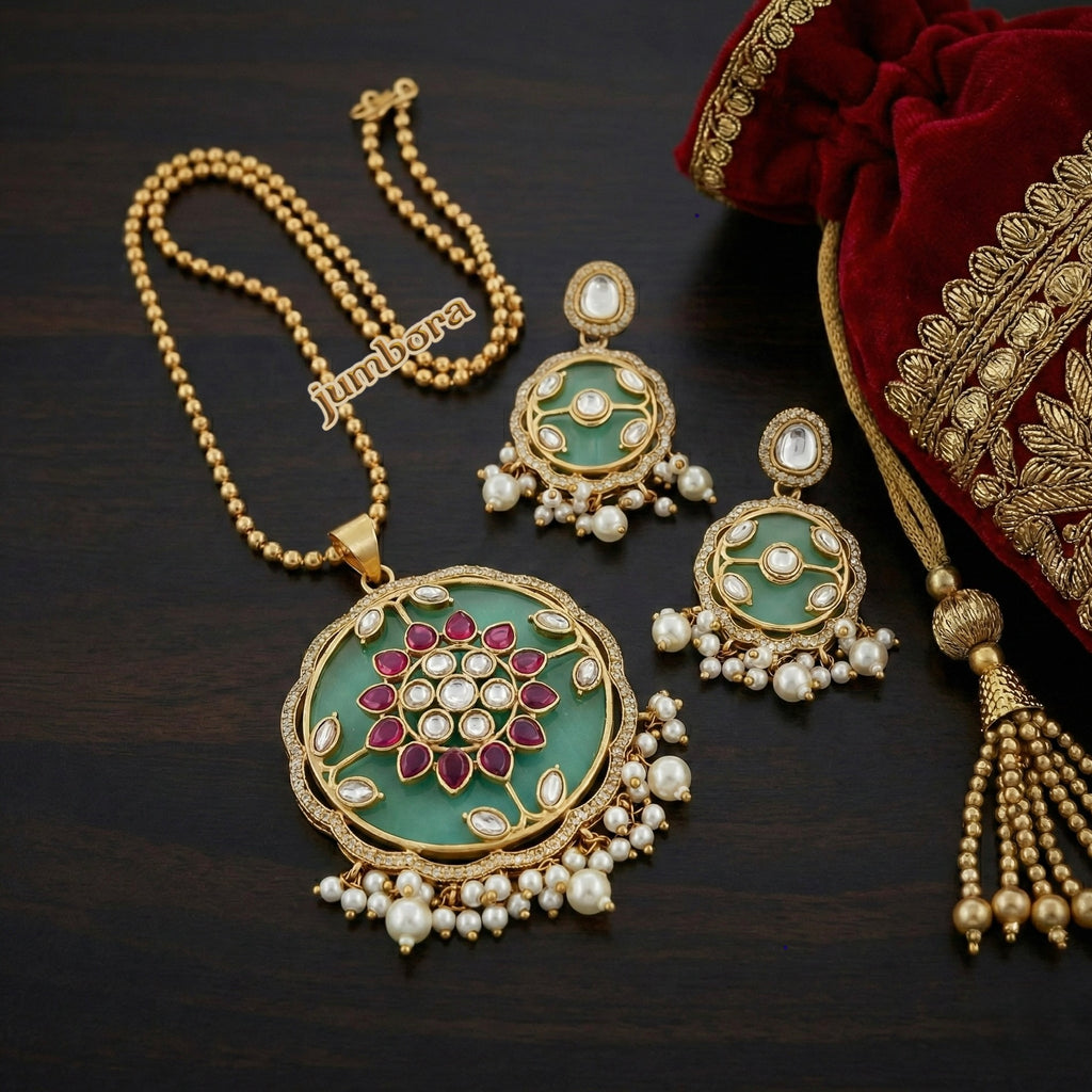 Mint Green & Ruby Kemp Floral Kundan Pendant Earrings Set with Chain