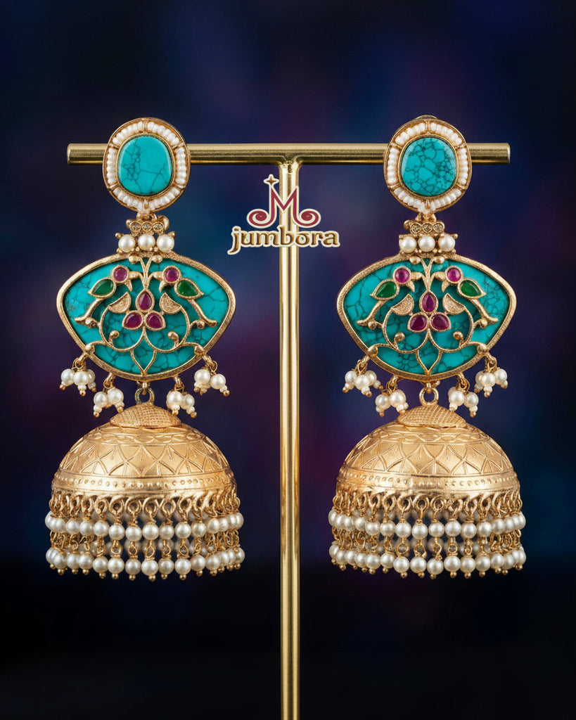 Amrapali Inspired Bird work Gold Filigree Stone Jhumkas