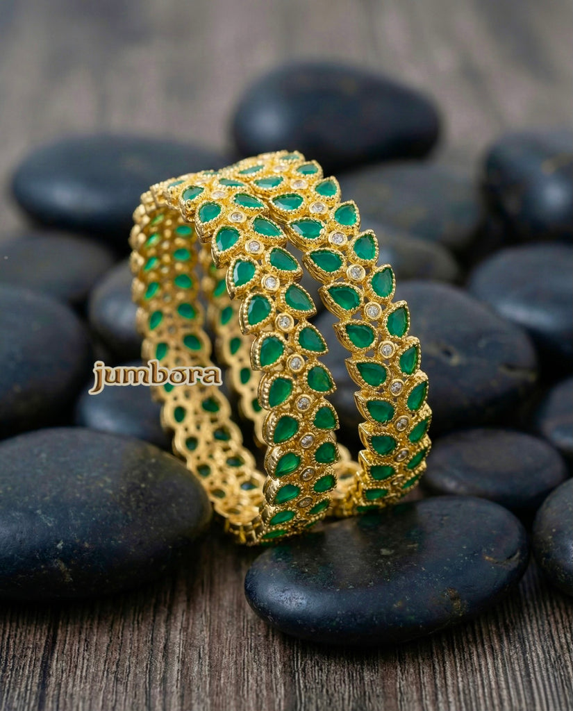 Emerald Green CZ Leaf Motif Openable Gold Bangles
