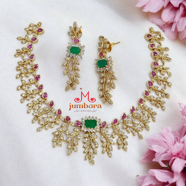 White, Red & Green AD Zircon CZ Delicate Filigiree Necklace Set