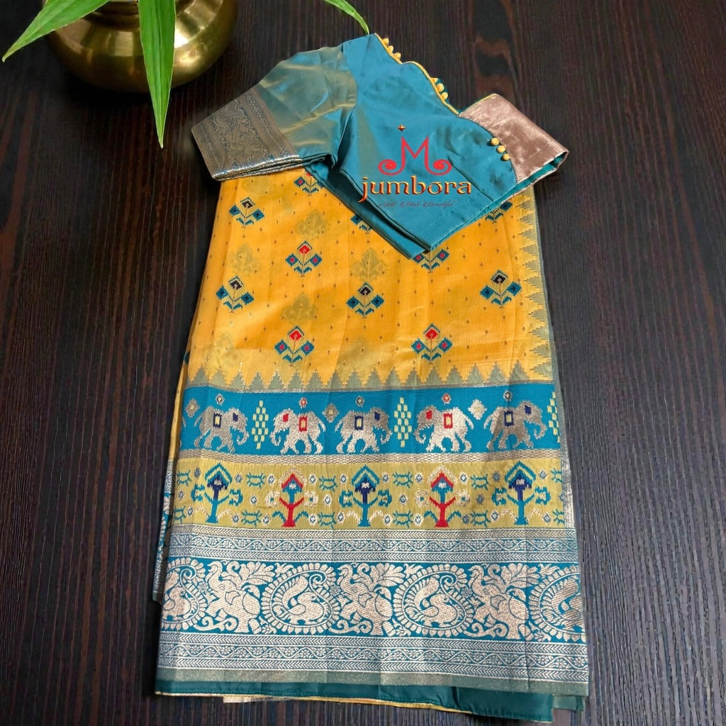 Yellow Designer Patola Semi Silk Saree with Stitched Blouse