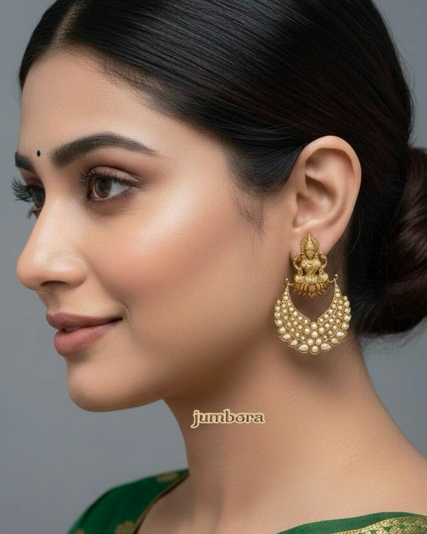 Statement Antique Gold Goddess Lakshmi Pearl Chandbali Earrings