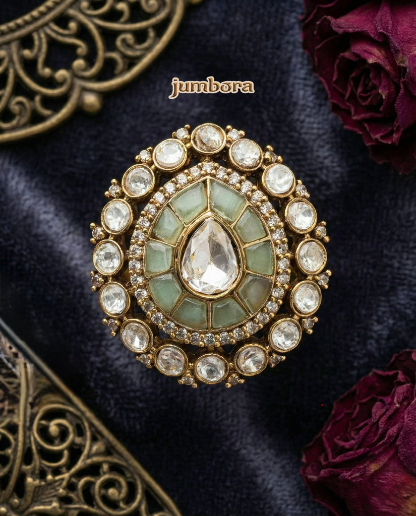 Victorian Finish Mint Green Kundan & White CZ Statement Ring