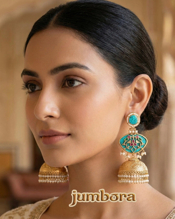 Amrapali Inspired Bird work Gold Filigree Stone Jhumkas