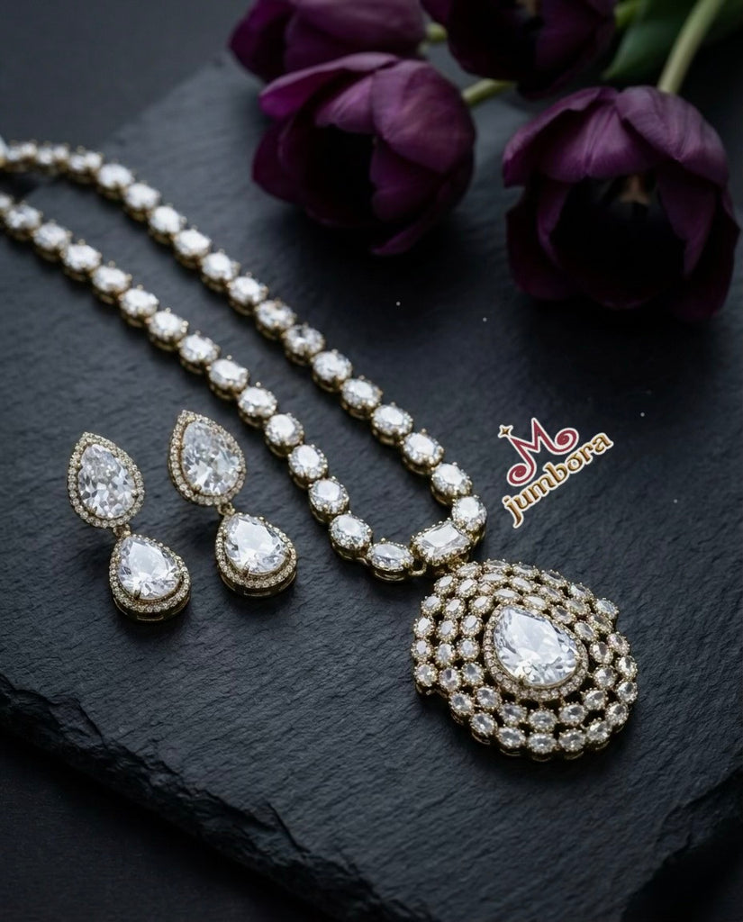 Victorian Antique Finish White CZ (Zircon) AD Statement Necklace Set