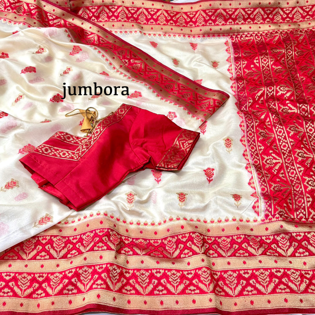 Cream White & Red Banarasi Jute Patola Saree with stitched blouse
