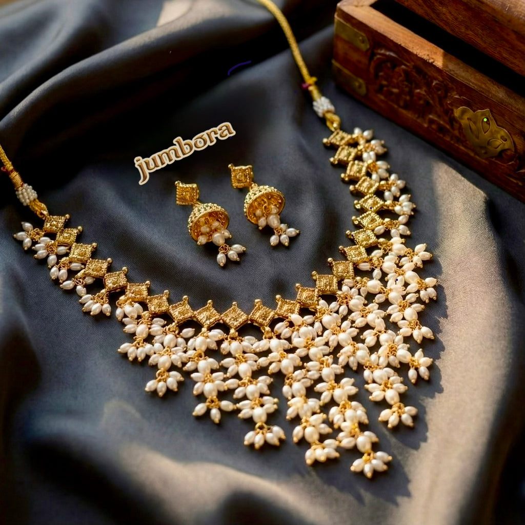 Gold Finish Cascade Rice Pearl Guttapusalu Necklace set