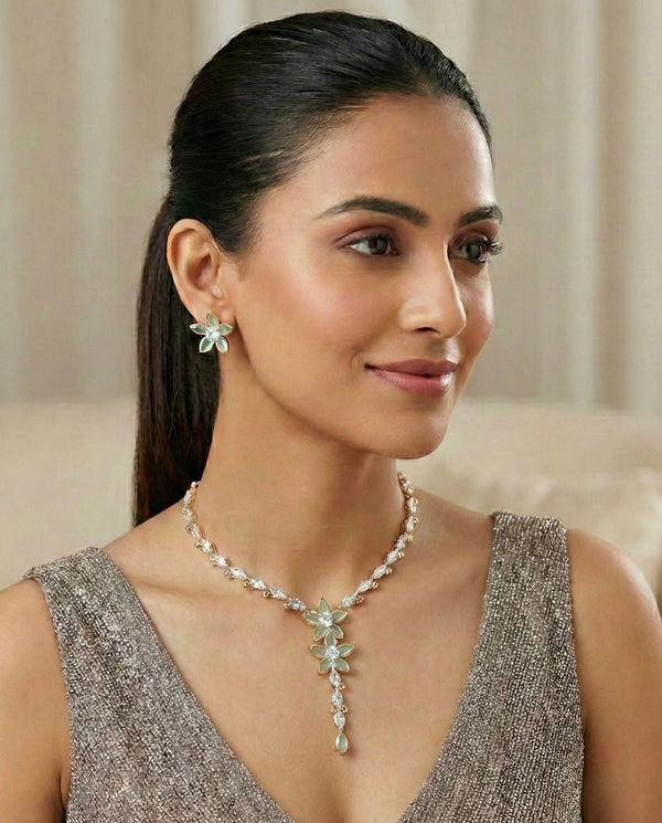 Mint Green & White AD (Zircon) CZ Delicate Floral Necklace Set