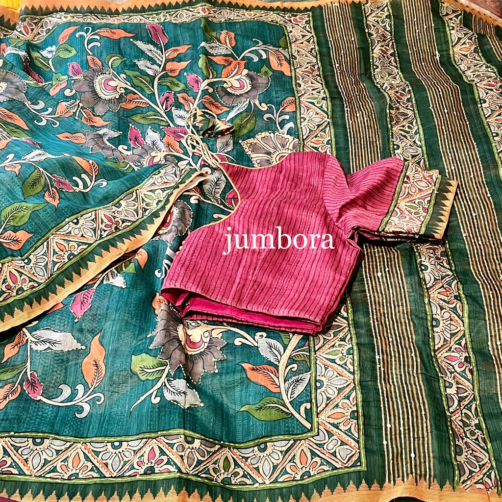 Green Kaantha Work Kalamkari Soft Cottton saree with stitched blouse