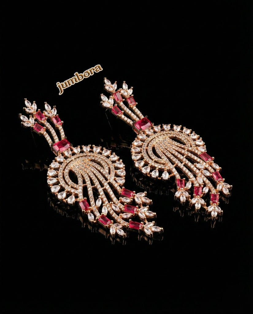 Rose Gold Ruby Red & White CZ Cascading Statement Earrings