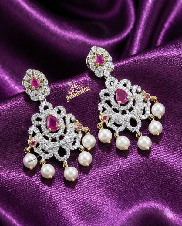 Diamond Look White CZ & Ruby Necklace Set with Pearl Drops