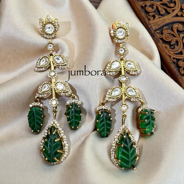 Carved Green Bead & White AD Zircon CZ Long Victorian Earring