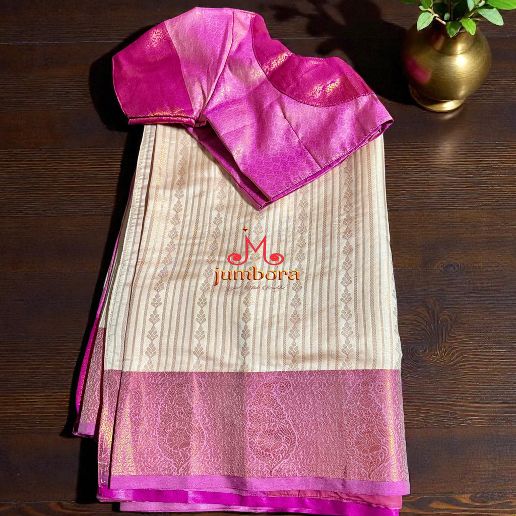 Cream & Pink Kanchipuram Semi Silk Saree with Stitched Blouse