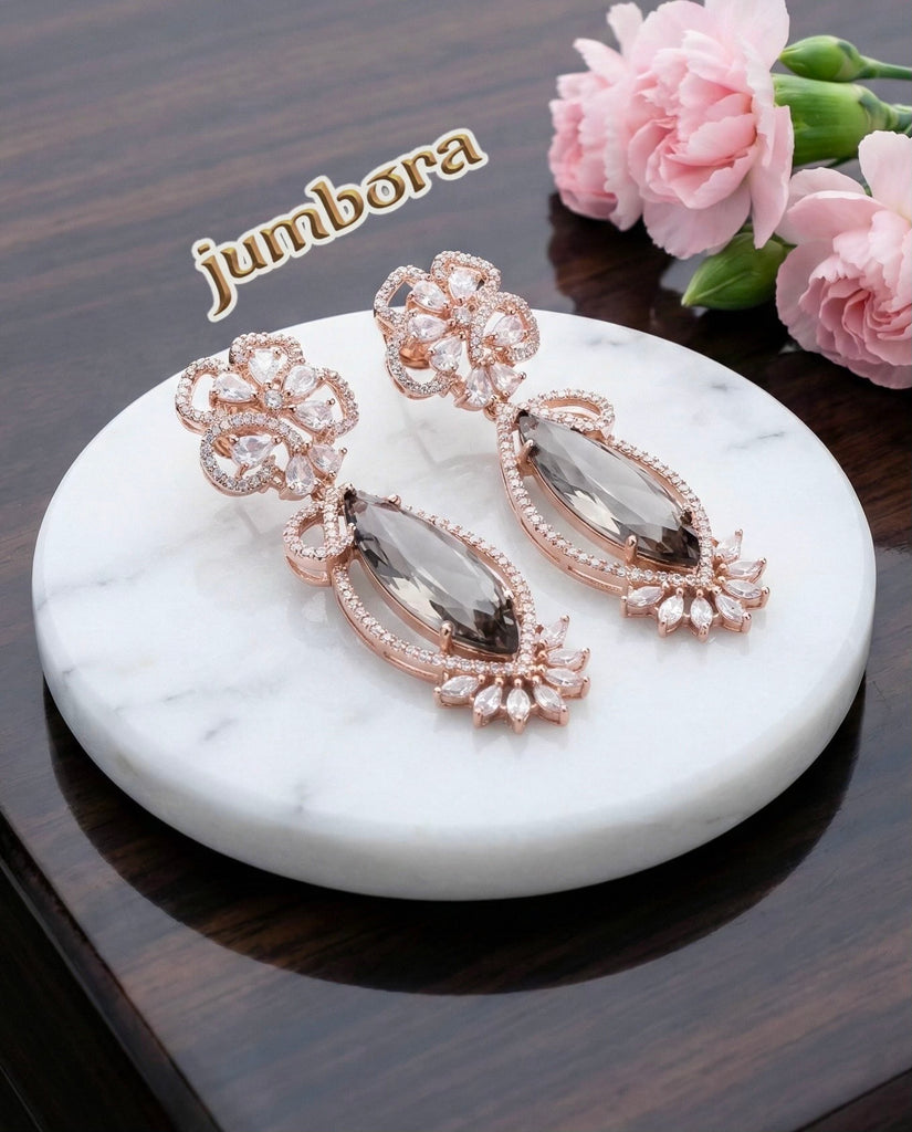 Rose Gold Smoky Grey & White CZ Statement Earrings