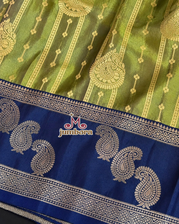 Olive Green Semi Kanchipuram Soft Silk Saree with Navy Blue Zari Border and Stitched Blouse