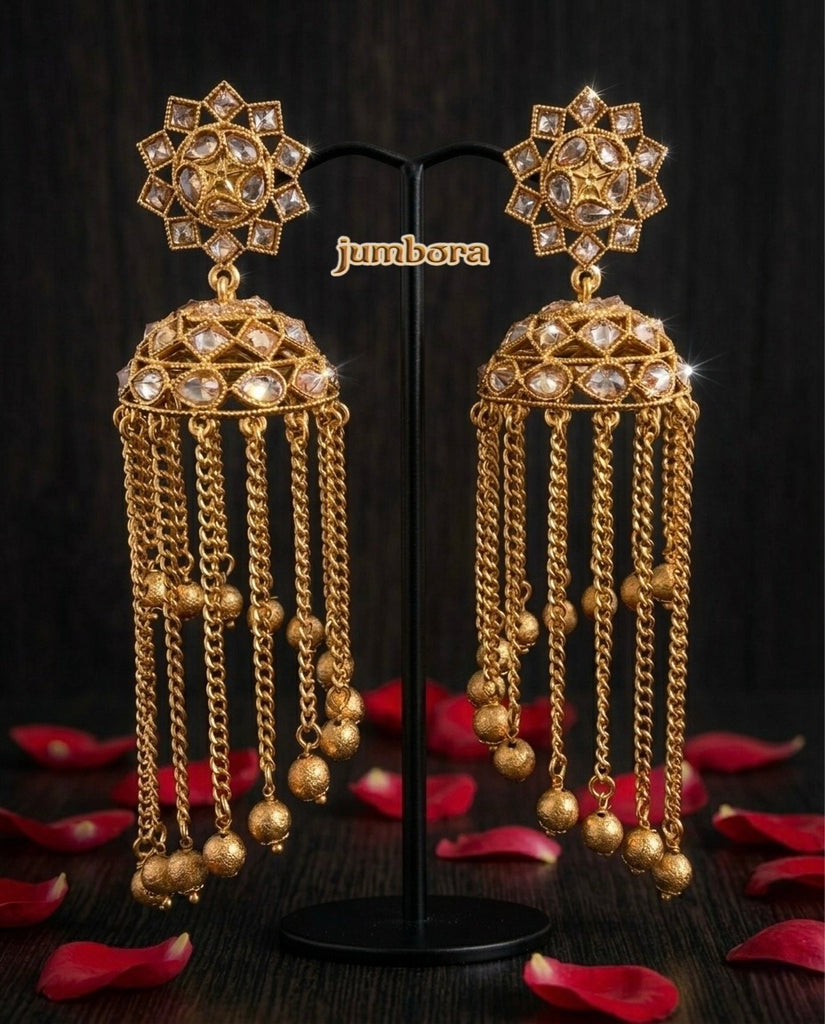 Antique Gold LCD Champagne CZ (Zircon) American Diamond (AD) Cascade Statement Jhumkas