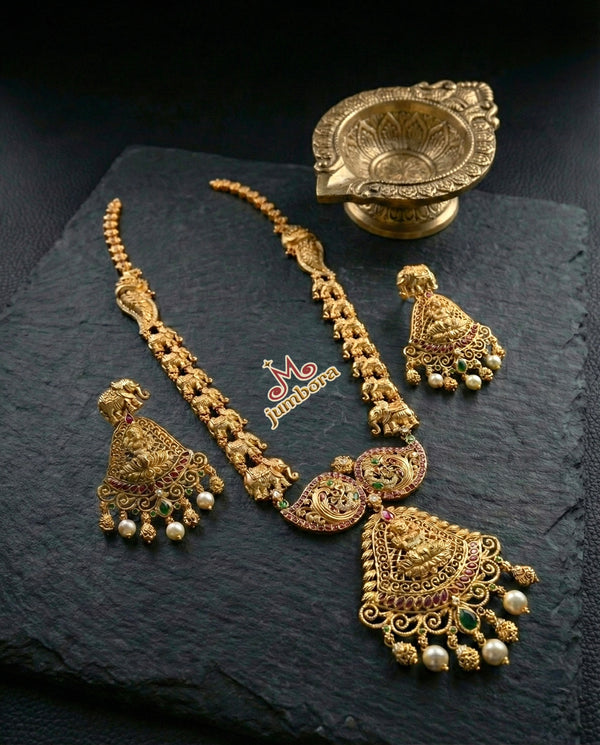 Antique Gold Lakshmi & Elephant Long Necklace Set in Temple Jewelry Full view to show length and size 