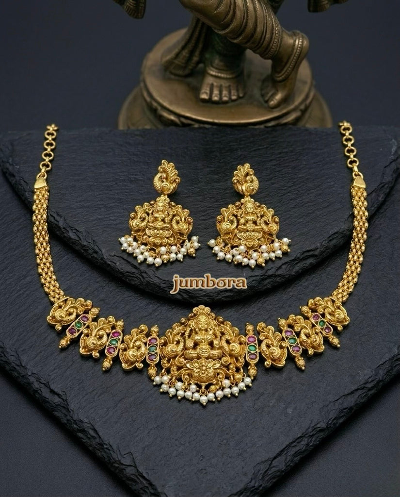 Antique Gold Lakshmi Motif Temple Jewelry Choker Set